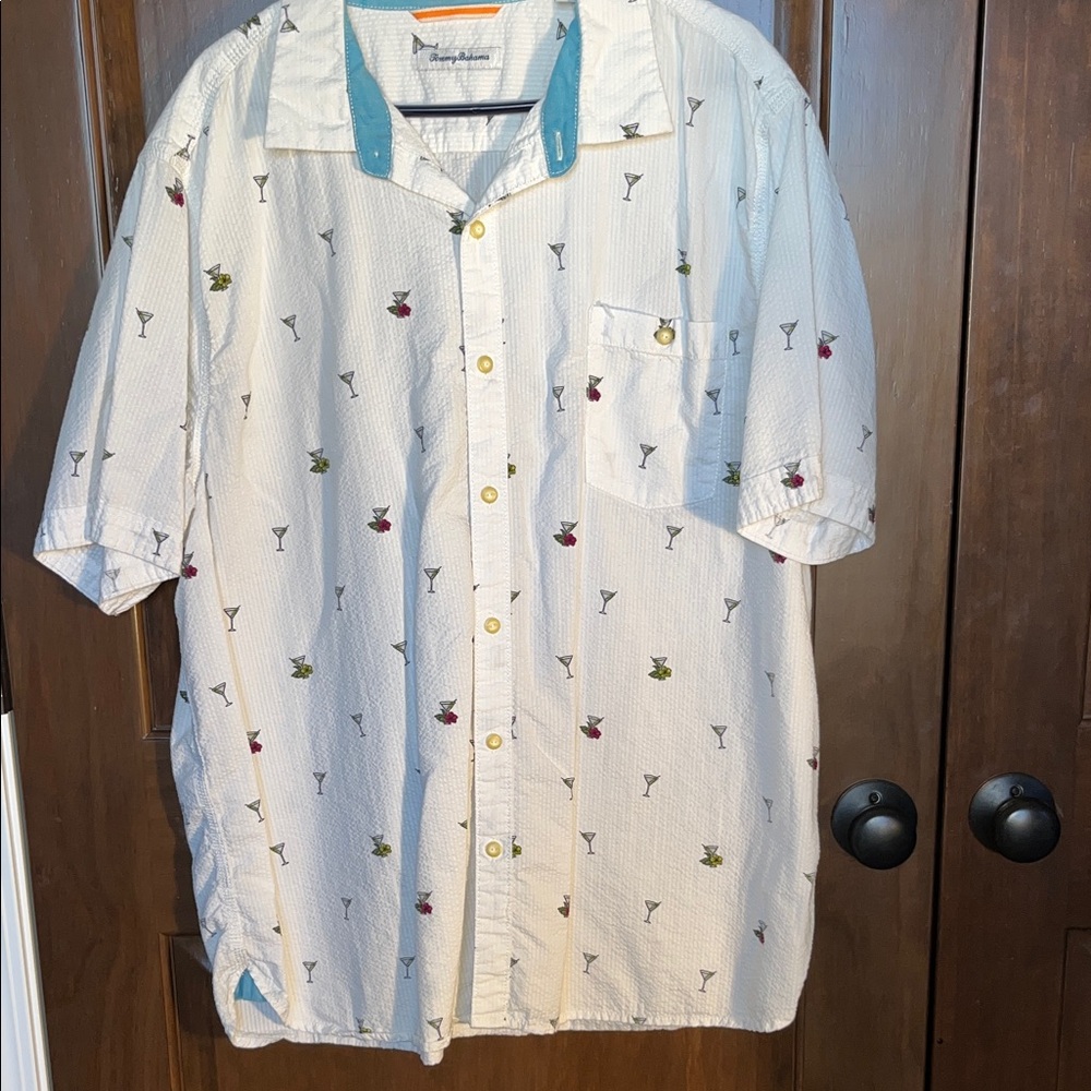 Tommy Bahama White Shirt with Teal Accents and Cocktail Pattern